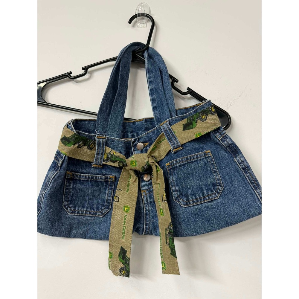 Handmade Upcycled Denim Tote Bag John Deere Tractor Ribbon Belt Blue Jeans Purse